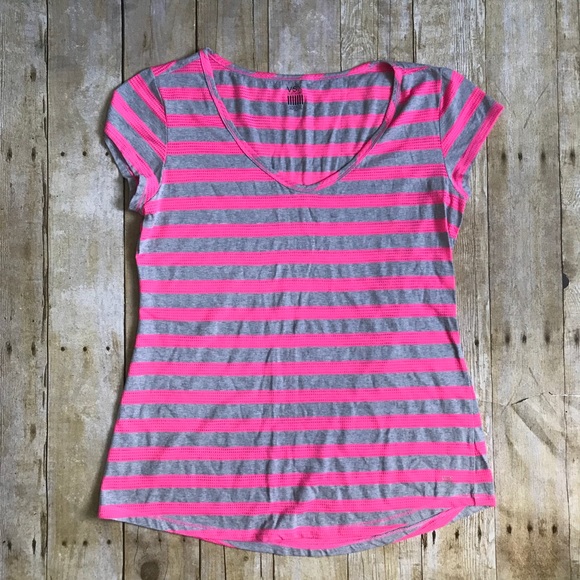 VSX Tops - VSX | Victorias Secret Sexy Sport Striped Breathable Knit Mesh Pink & Gray Shirt